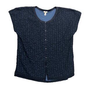 Anthropology Tiny Button Blouse Women L Navy Blue Short Sleeve Sheer Cottagecore